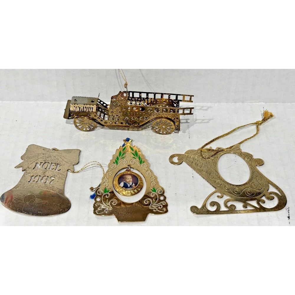 Lot 4 Vtg Brass Gold-Tone Christmas Ornaments -Fire Truck Noel Bell Photo Frames